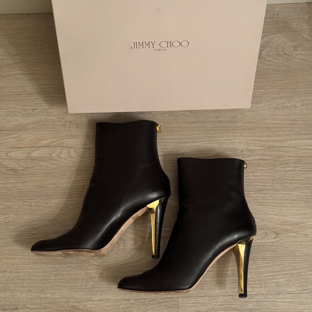JIMMY CHOO Bella Calf Leather Black Booties with Gold Heel - EU 39